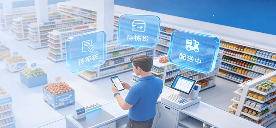 思迅商旗管家订单全流程可视化跟踪，待审核待拣货配送中已收货状态更新界面示意图