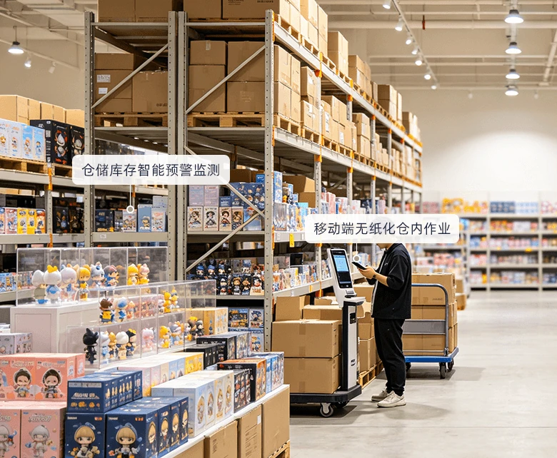 连锁潮玩店仓储跨店调拨中心经营场景示意图：展示连锁潮玩统一物流履约