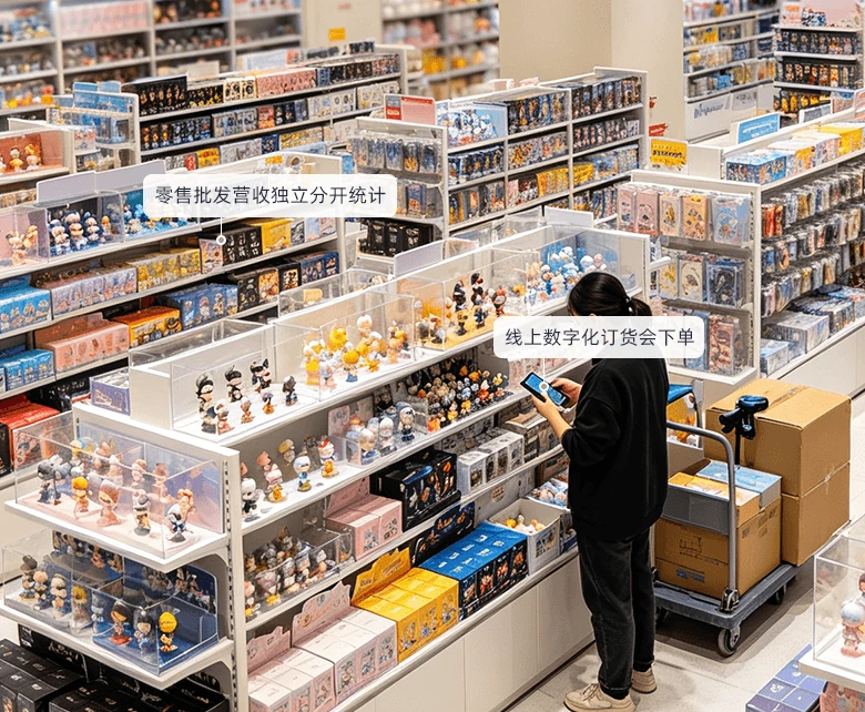 连锁潮玩店分销加盟经营场景示意图：展示加盟批发订货模式与数据大屏