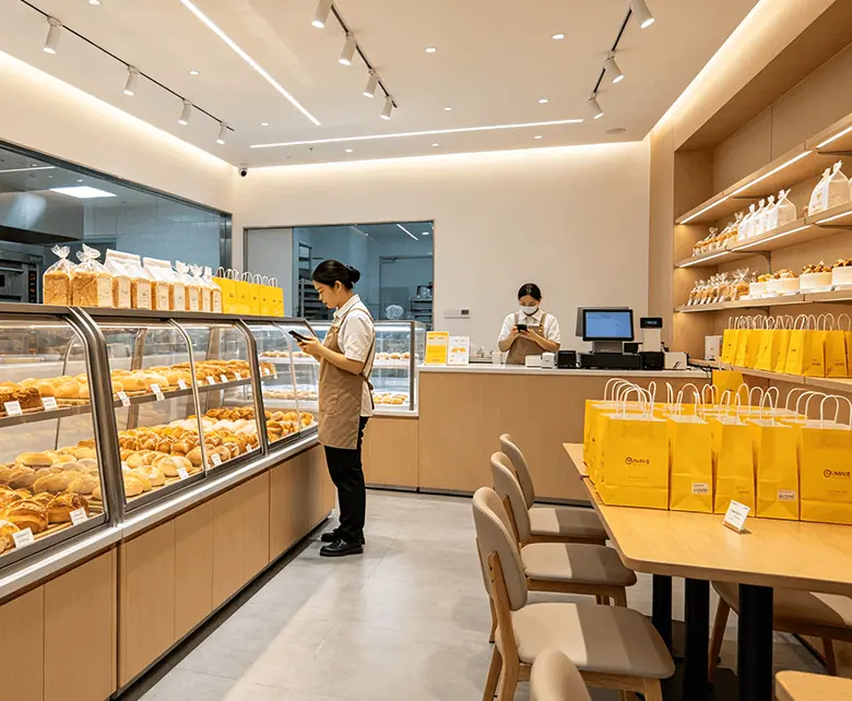 烘焙面包外卖聚合经营场景示意图：展示外卖平台小程序商城与门店履约一体化