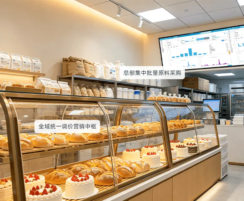 烘焙面包外卖聚盟合经营场景示意图：展示外卖平台小程序商城与门店履约一体化