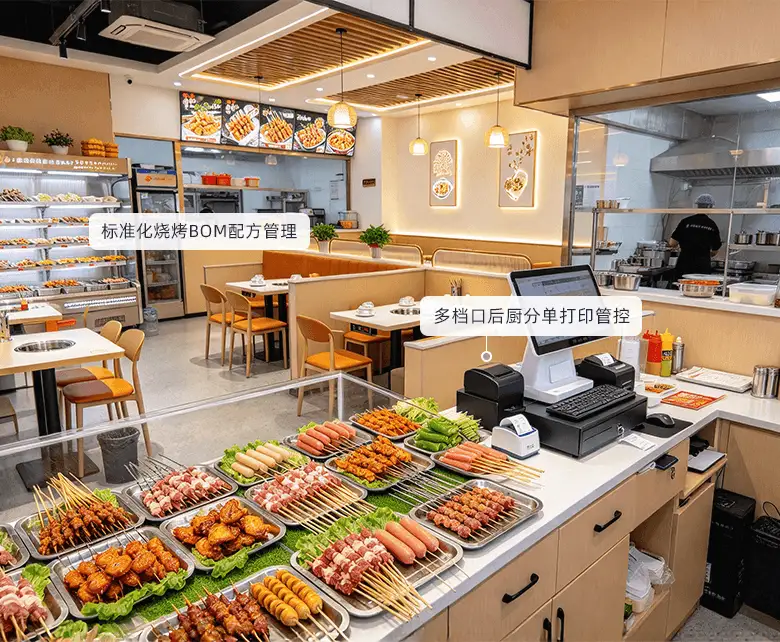 烧烤后厨出品与烧烤菜品BOM配方管理场景示意图：展示标准化配方与后厨分档口打印