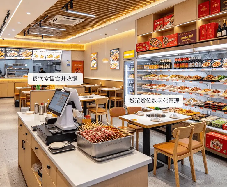 烧烤酒水预制烧烤零售经营场景示意图：展示餐饮零售合并收银与预制商品批次效期管理