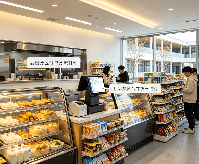校园超市简餐烘焙熟食经营场景示意图