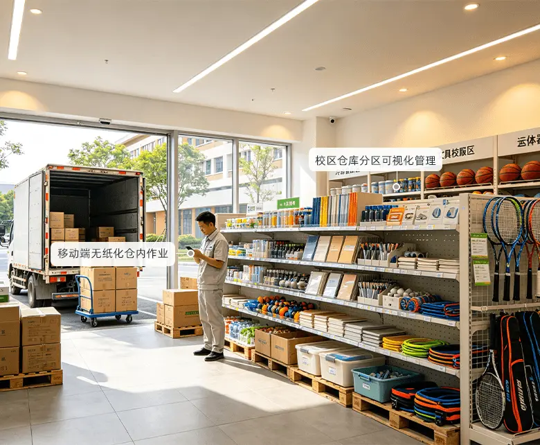 校园超市前置仓储配送经营场景示意图