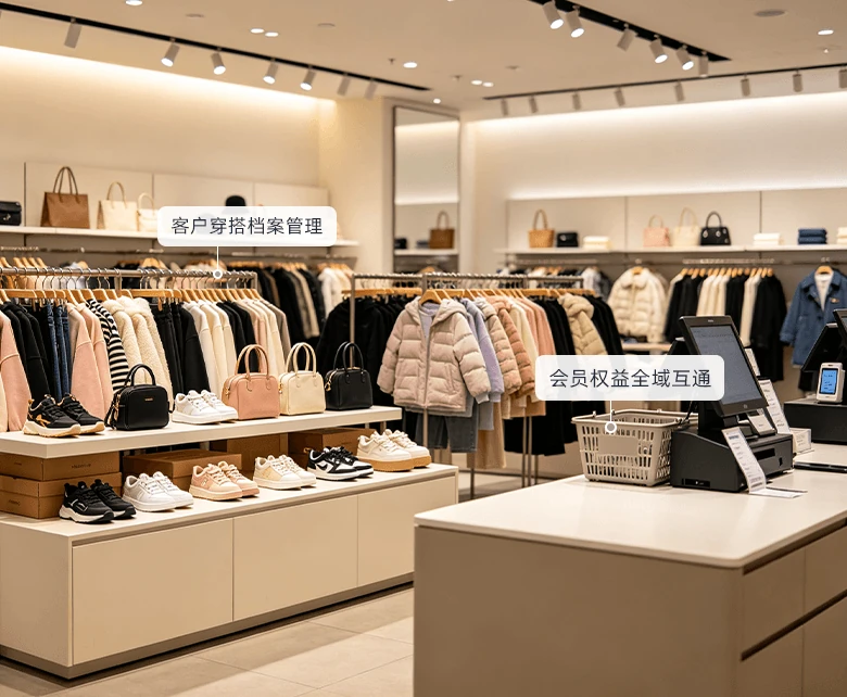 服装大卖场款号尺码与 BOM 配套组合场景示意图：展示套装配方扣料与吊牌标签打印