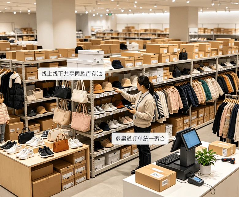 服装大卖场中央仓储与分拣配送场景示意图：展示库位管理、PDA 分拣与门店配货