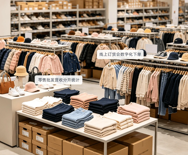 服装大卖场线上即时零售场景示意图：展示多平台订单聚合与门店拣货发货