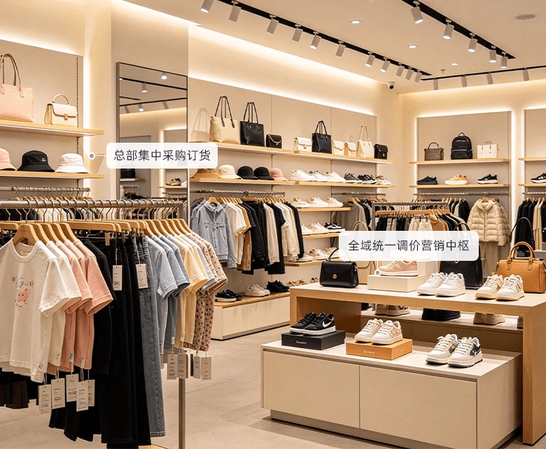 服装大卖场 B 端加盟批发分销场景示意图：展示加盟团采下单与批发客户分级管理