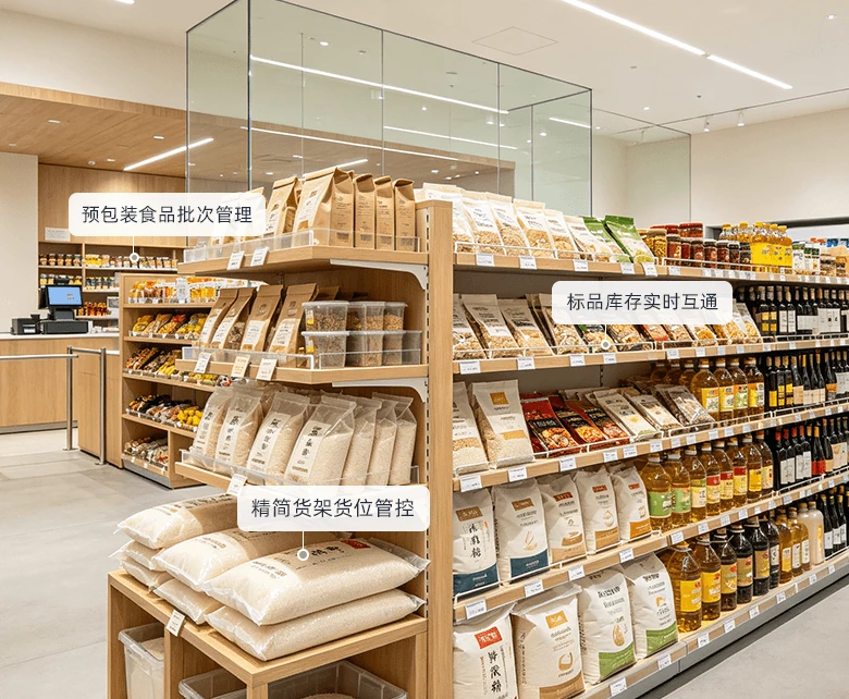 社区超市标品粮油日用经营场景：木质货架陈列袋装大米杂粮与食用油，预包装食品按批次管理，标品库存实时互通并精简货架货位管控