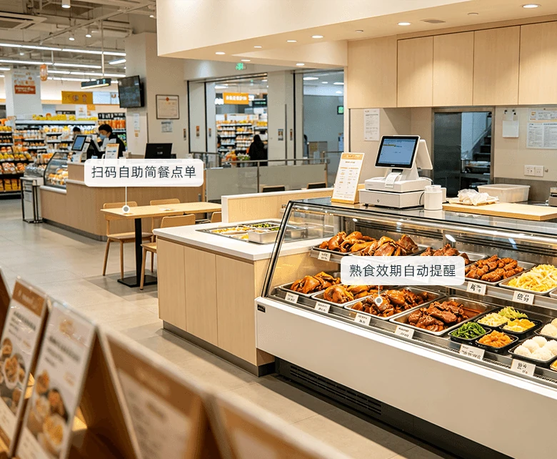 社区超市熟食简餐现制场景：玻璃展柜陈列卤味熟食与调味小菜，收银一体秤支持扫码自助简餐点单，熟食效期自动提醒折价清货