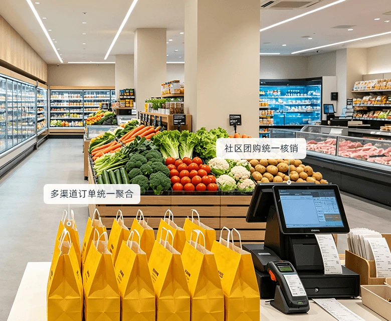 社区超市即时零售邻里线上经营场景：收银台备好成排线上订单提货袋，果蔬堆头与冷藏柜就近拣配，多渠道订单统一聚合、社区团购统一核销