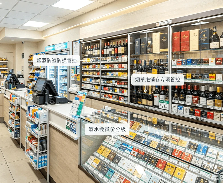 便利店烟酒专卖经营场景：玻璃柜台陈列香烟，酒水货架摆放白酒礼盒，POS收银台结算，配套烟酒防盗防损与酒水会员价分级管控