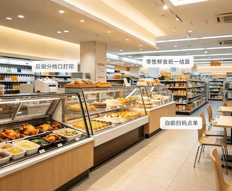 便利店鲜食熟食与简餐烘焙经营场景：玻璃保温柜陈列炸鸡熟食，面包西点展示柜、关东煮锅与咖啡机组成前店档口，堂食区旁自助扫码点单