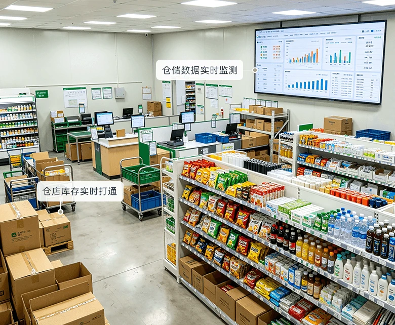 连锁便利店仓储配送中心经营场景：拣配区货架整箱备货，拣货车与周转筐按门店订单分拣，墙面大屏实时监测仓储数据并打通仓店库存