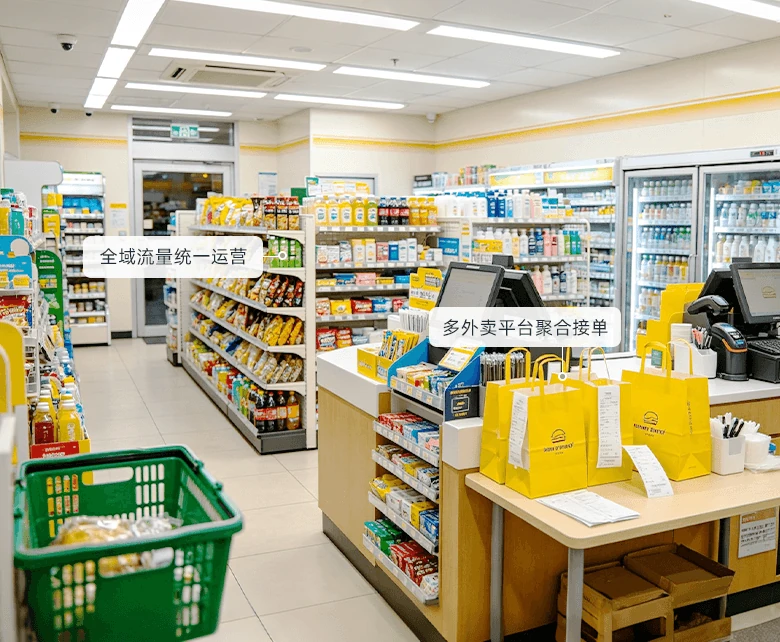 连锁便利店即时零售经营场景：收银台堆叠外卖提货袋，店员按线上订单就近拣配饮料与冷冻商品，多外卖平台聚合接单统一运营