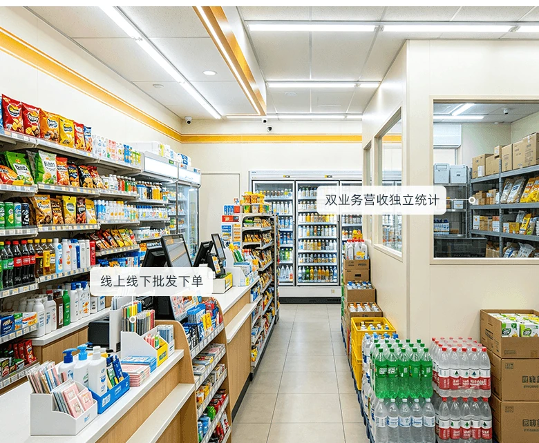 连锁便利店企业团购批发经营场景：卖场堆头陈列整箱矿泉水，后仓按客户订单纸箱备货，线上线下批发下单与门店统一履约
