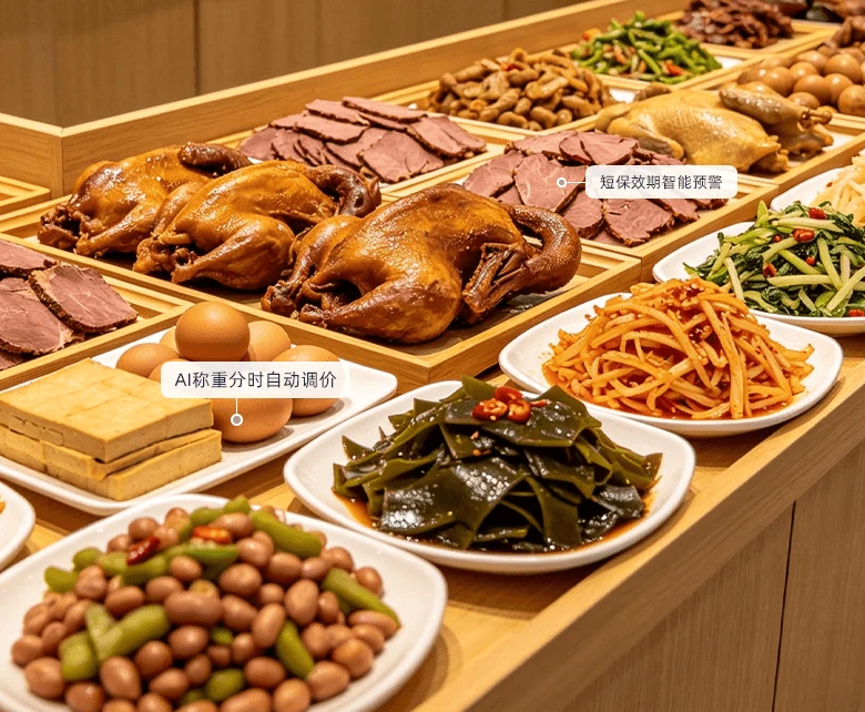 熟食卤味门店散称卤味零售经营场景：木质展台分盘陈列卤鸭、卤牛肉、卤蛋、豆干、卤凤爪与大盆凉拌菜、花生毛豆等散装熟食，档口现场切配称重售卖，配套Ai称重分时自动调价与短保效期智能预警