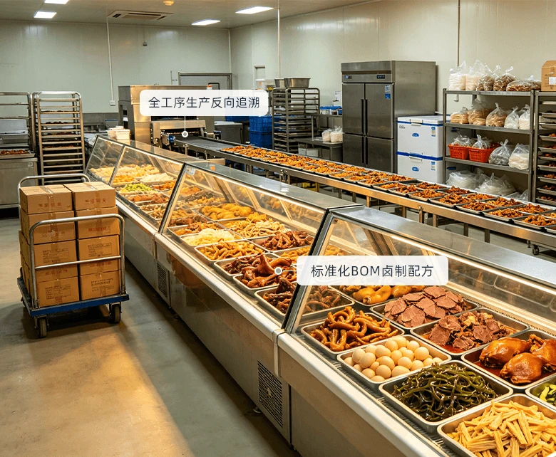 中央卤制工厂生产加工场景：不锈钢操作间内金属托盘与长条玻璃展柜成排码放卤鸭脖、卤凤爪、卤蛋、豆皮等卤制品，配不锈钢货架、周转车与冷藏设备批量分装，配套标准化BOM卤制配方与全工序生产反向追溯