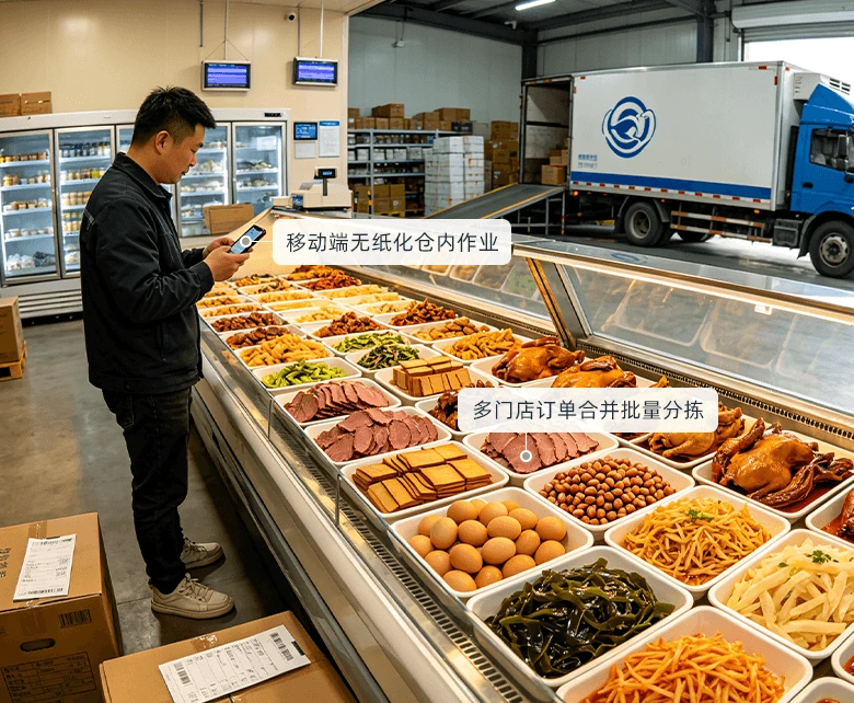 冷链仓储配送中心场景：仓管手持移动设备扫码核对货品，玻璃冷柜陈列卤制品与凉拌菜，库内立式冷藏柜与蓝色货架码放周转箱，月台停靠冷链配送车待发，配套移动端无纸化仓内作业与多门店订单合并批量分拣