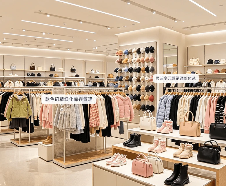 现代精品百货商场前台聚合收银场景示意图：展示多品类商品聚合结算与多元支付核销