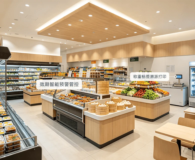 即食鲜食零售经营场景示意图：展示多平台订单统一汇聚与智能发单管理