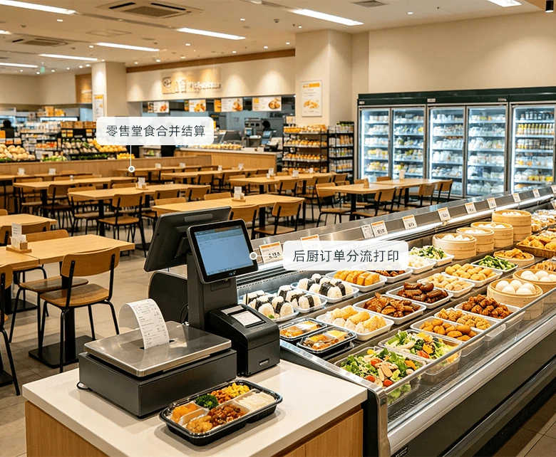 堂食简餐复合经营场景示意图：展示取餐大屏、叫号调度与出餐监控