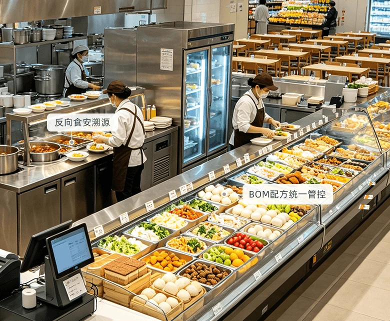 中央厨房预制加工经营场景示意图：展示效期追踪、临期预警与智能清仓管理