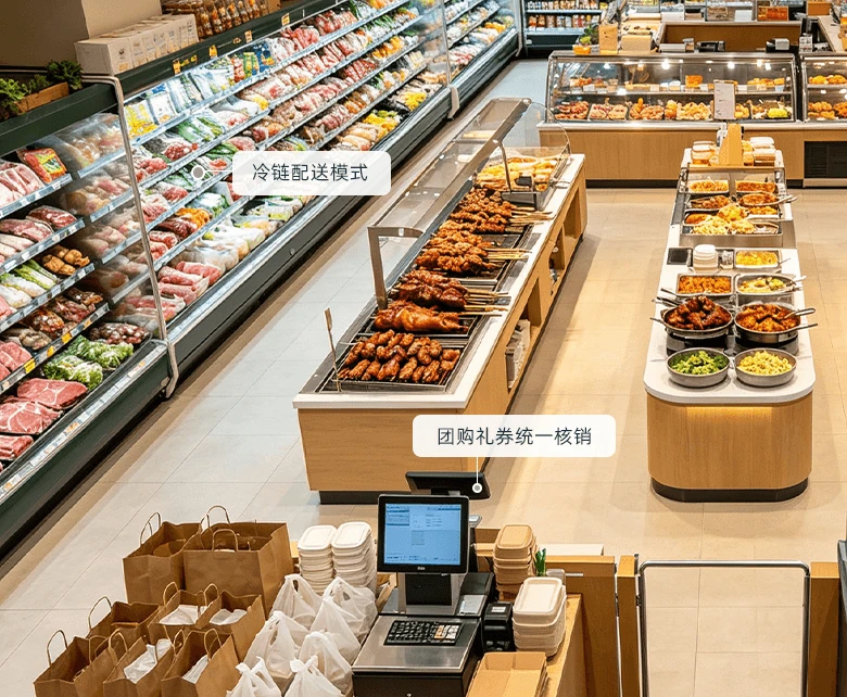 即时零售同城到家小程序+外卖全渠道一体化经营场景示意图：展示采购、配方、中央厨房与供应商管理