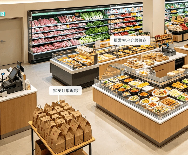 企业团餐批发分销经营场景示意图：展示营收分析、单品排行与成本监控数据大屏
