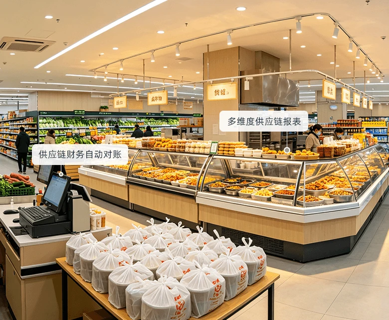 鲜食品牌统一采购、对账、调价中枢供应链管控场景示意图：展示采购、配方、中央厨房与供应商管理