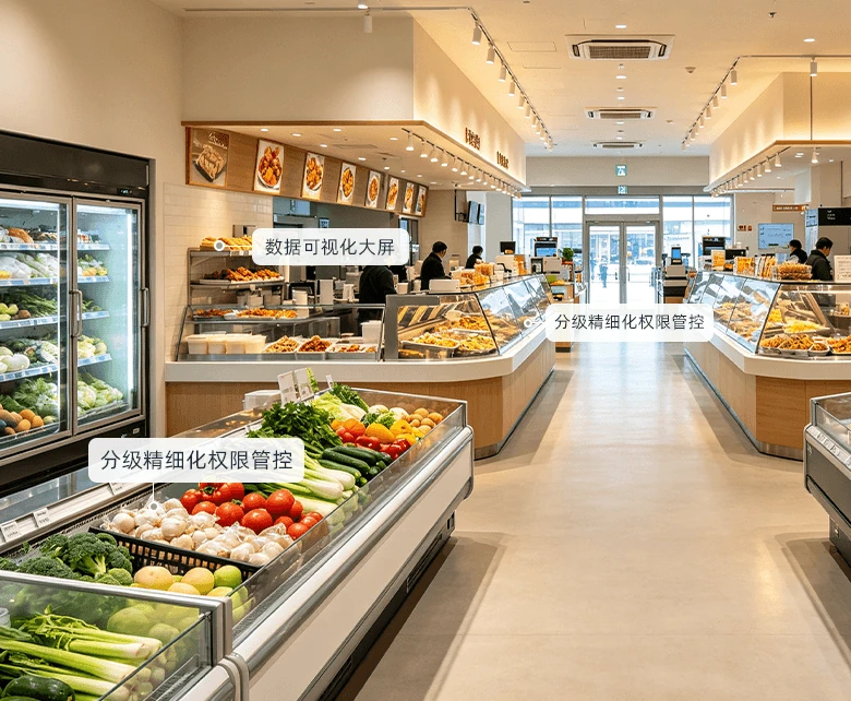 总部全域管控场景示意图：展示营收分析、单品排行与成本监控数据大屏