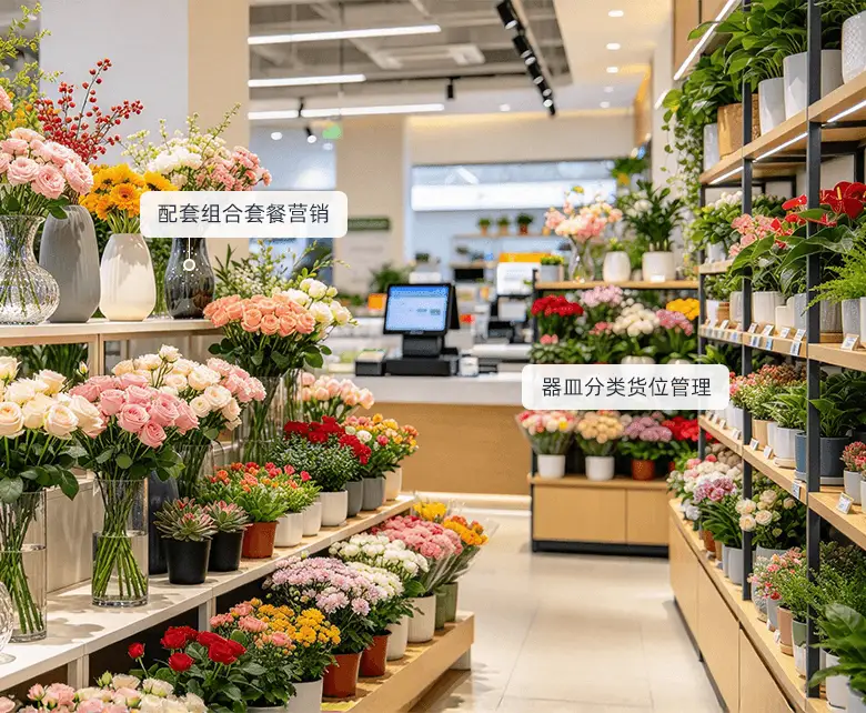 鲜花绿植超市包装耗材与花瓶器皿配套场景示意图