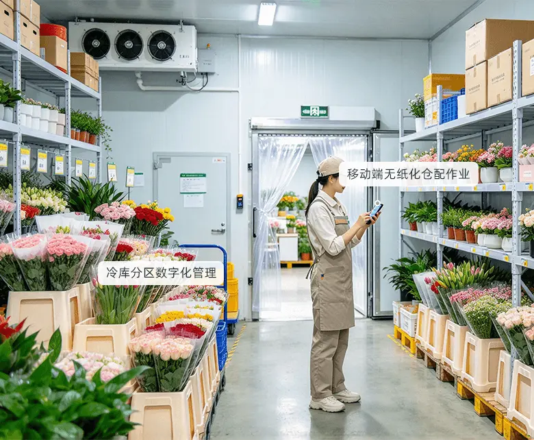 鲜花绿植超市花艺冷链仓储与门店养护仓场景示意图