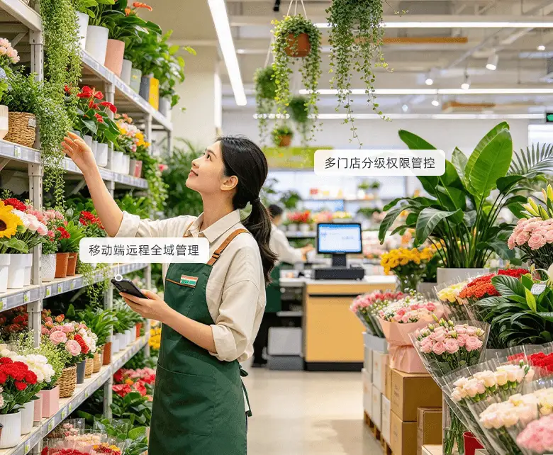 鲜花绿植超市总部全域连锁管控场景示意图