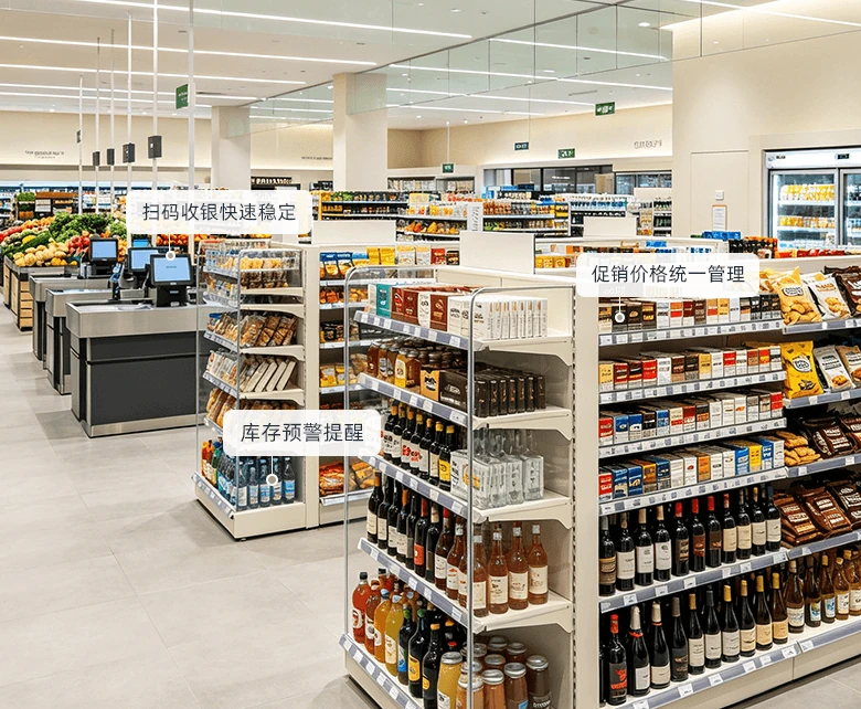 大卖场标品百货酒水经营场景：收银线扫码结算稳定运行，酒水饮料与休闲食品货架促销价格统一管理，库存预警提醒补货