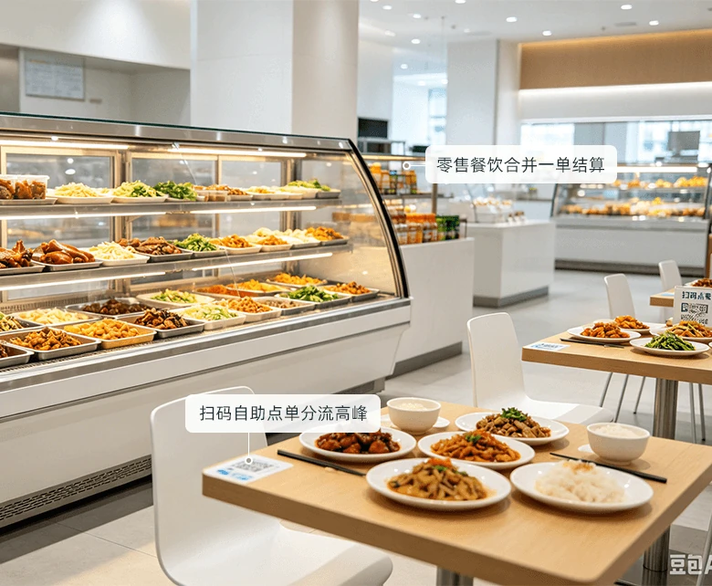 大卖场堂食餐饮简餐场景：档口玻璃展柜自选热菜，餐桌扫码自助点单分流高峰，超市商品与餐饮订单合并一单结算