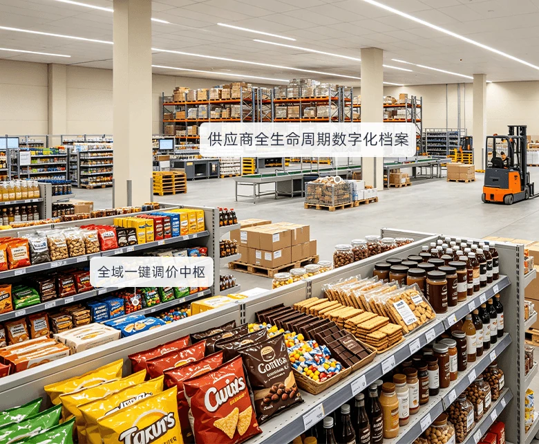 大卖场供应商供应链管控板块：配送中心高位货架与整箱备货区配合叉车作业，供应商全生命周期数字化档案，全域一键调价下发各卖场