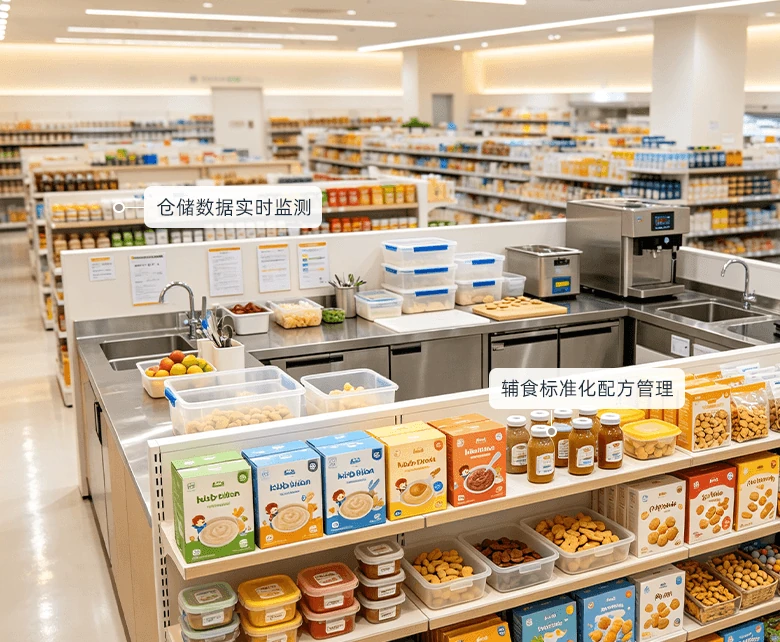 母婴店辅食现制加工经营场景：不锈钢操作台配置水槽、切配台与蒸煮设备，透明收纳盒分类码放果蔬与辅食食材，货架陈列米粉、果泥与辅食零食成品，配套辅食标准化配方管理与仓储数据实时监测
