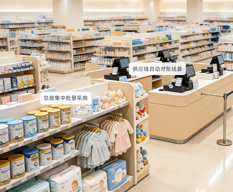 母婴连锁供应链管控经营场景：仓储式卖场成排货架陈列奶粉罐、纸尿裤与婴幼洗护用品，前场多组收银台配置收银终端与排队护栏，配套总部集中批量采购与供应链自动对账结算