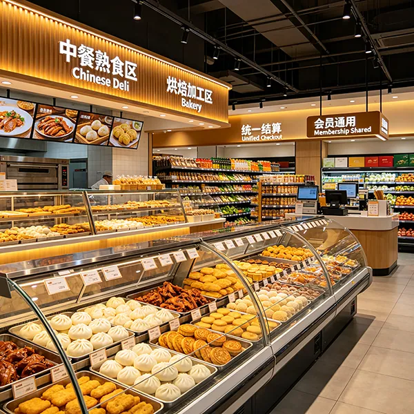 海外华人超市中餐熟食与烘焙加工场景示意图