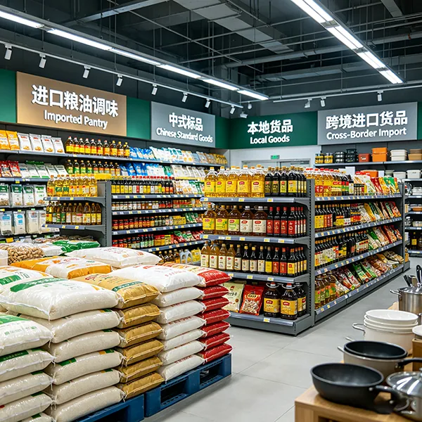 海外华人超市标品百货与进口粮油调味场景示意图