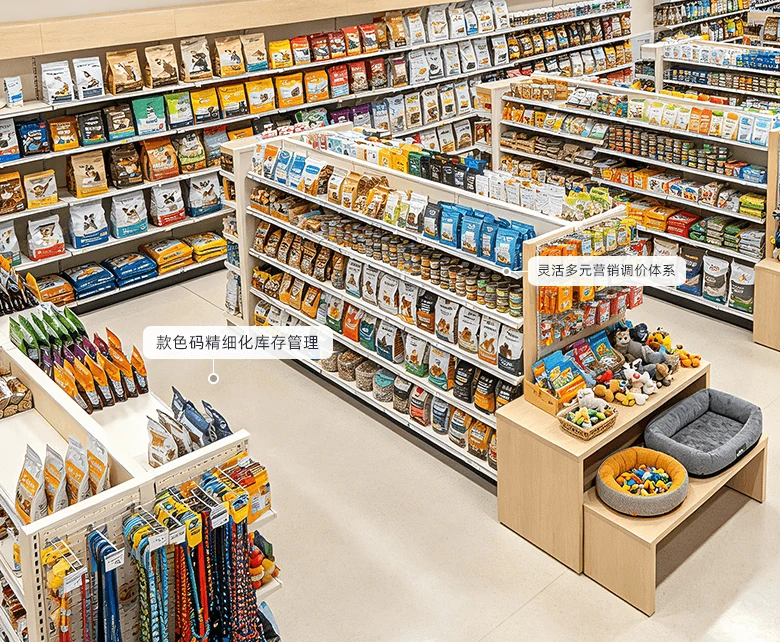 宠物用品超市门店前台称重收银场景示意图：展示散称宠粮称重计价与标品合并结算