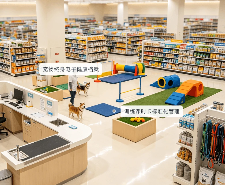 宠物用品超市宠物礼盒配套零售场景示意图：展示多品类合并收银与套餐搭建