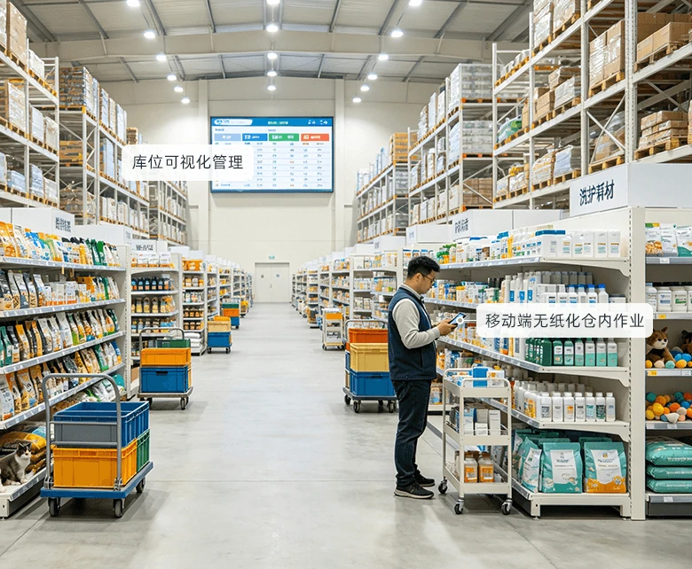 宠物用品超市中央仓储与分拣配送场景示意图：展示库位管理、PDA 作业与合并分拣