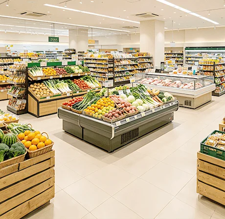 便利店标品快消经营场景示意图：展示零食饮料、百货、文具、速食的数字化称重与溯源管理