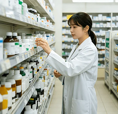 连锁药店药品零售合规经营场景示意图：展示批次效期预警与GSP台账归档