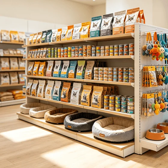 宠物店商品零售经营场景示意图：展示批次效期管理与智能调价