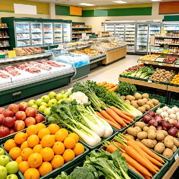 生鲜占比较高的超市卖场实景图：果蔬岛台陈列、肉品冷藏柜与熟食烘焙岛柜