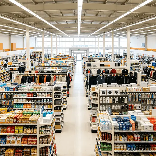 大型连锁大卖场门店实景：高顶卖场通道两侧陈列食品调料与日化纸品货架，中区设服装挂陈专区，多品类分区经营